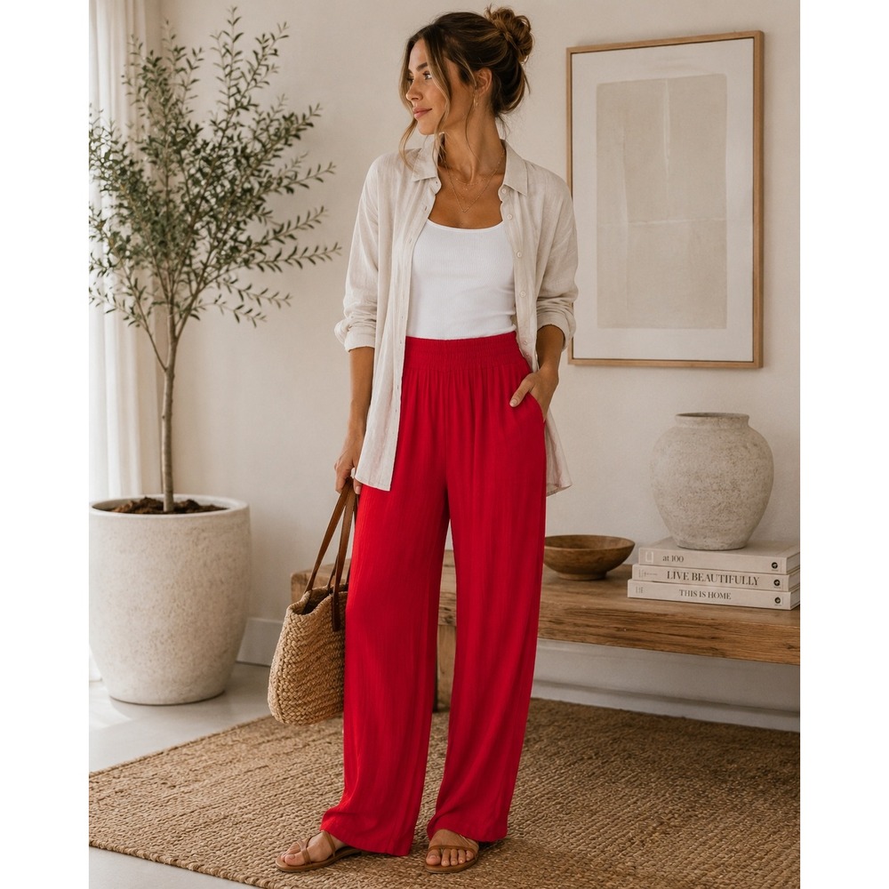Filipa Red Linen Blend Wide Leg Smocked Pull On Pants XL Boho Resort tomato red